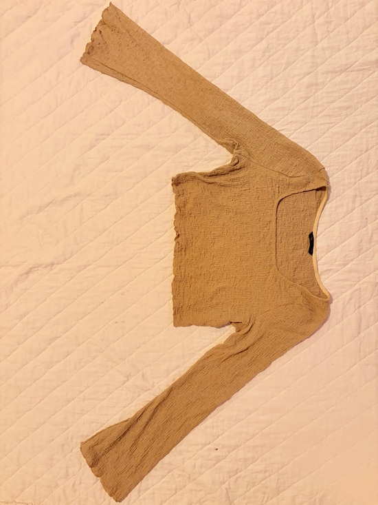 SHEIN Tops - SHEIN Tan Ribbed Bell- Sleeve Scallop Hem Crop Top